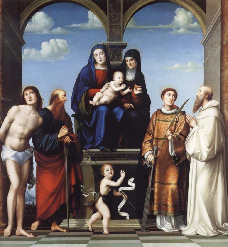 Francesco Francia The Virgin and Child and Saint Anne Enthroned with Saints Sebstian,Paul,John,Lawrence and Benedict oil painting image
